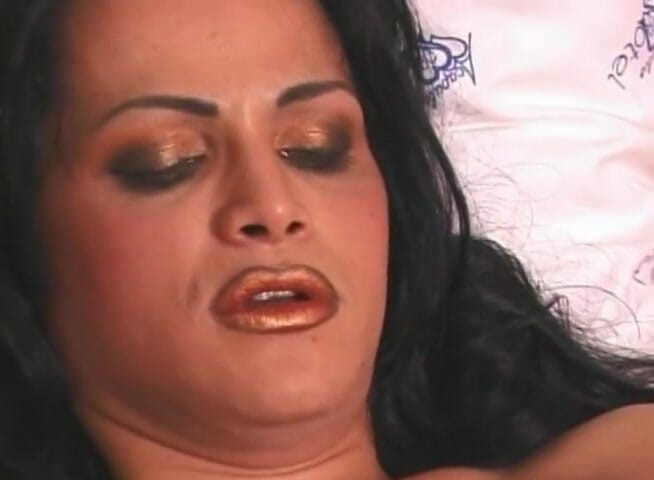Busty shemale jerking her hard schlong in solo video